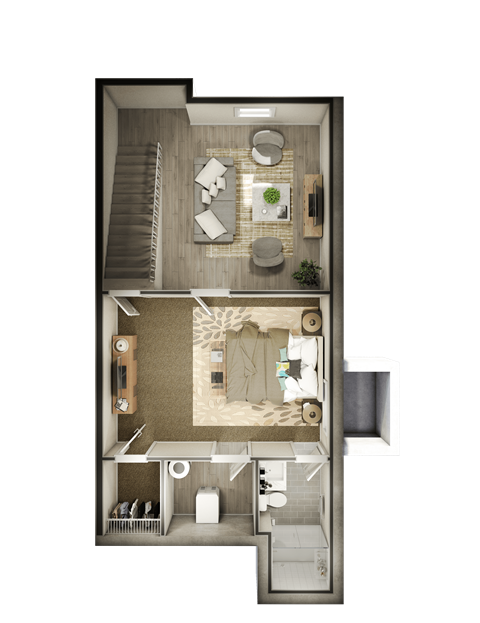 a 3d floor plan of a bedroom with a bathroom